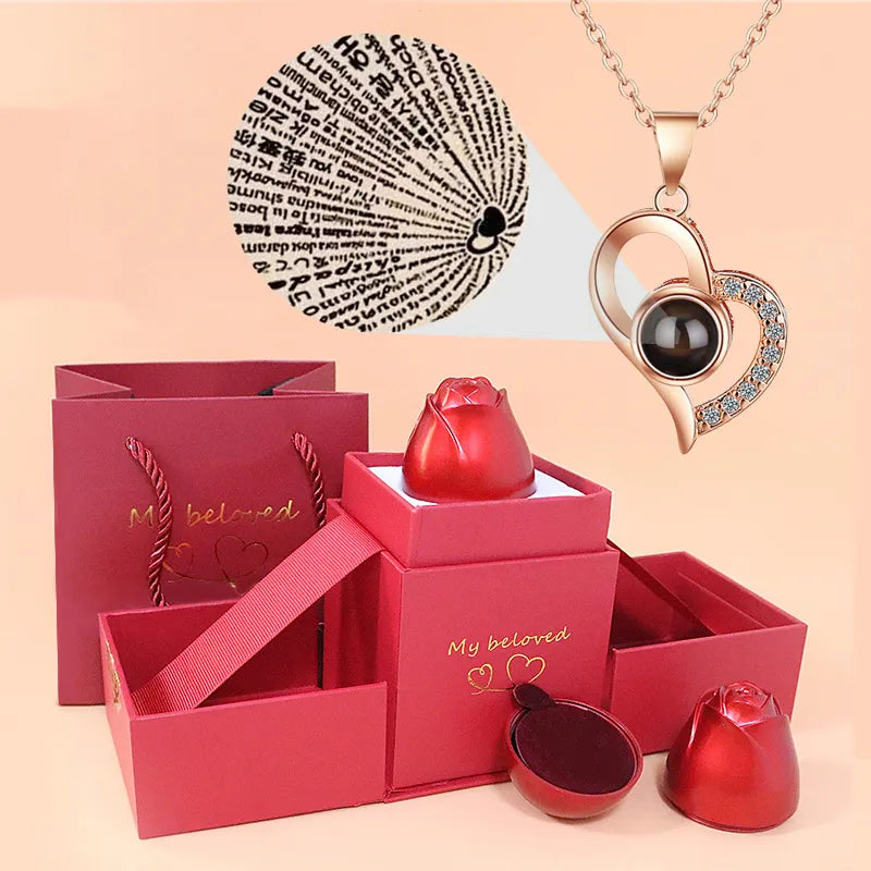 Love Heart Projection Necklace 100 Languages I Love You Pendant With Rose Gift Box
