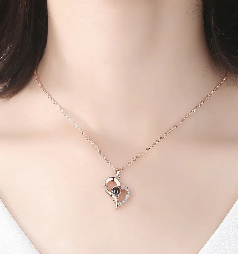 Love Heart Projection Necklace 100 Languages I Love You Pendant With Rose Gift Box